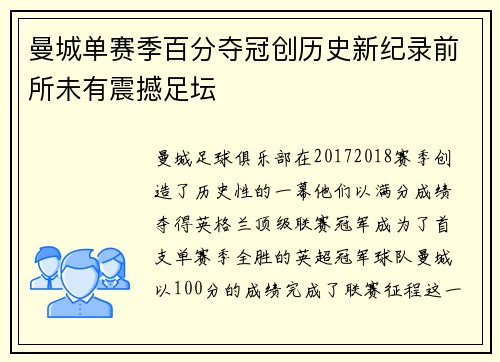 曼城单赛季百分夺冠创历史新纪录前所未有震撼足坛